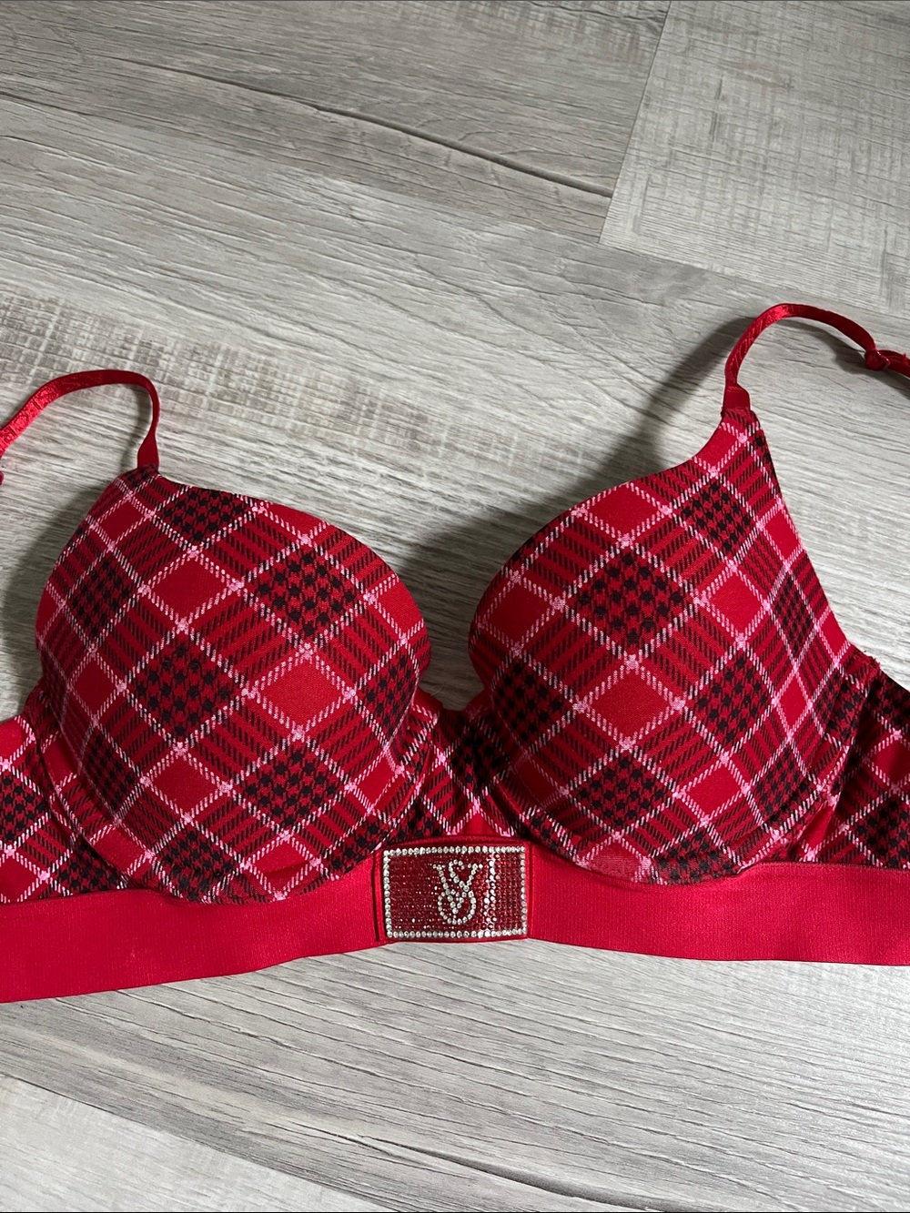 Victoria's Secret Red Plaid Push-Up Bra with Rhinestone Logo Patch